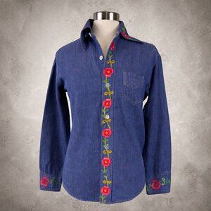 Vintage R.J. International Embroidered Denim Western Shirt Boho Floral XS S